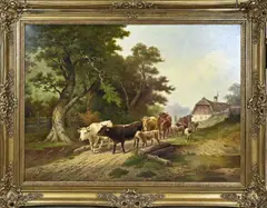 W. Selve, Landschap met vee op zandpad en herder, Olieverf op linnen
