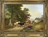 W. Selve, Landschap met vee op zandpad en herder, Olieverf op linnen