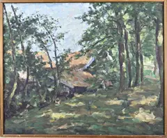 Cor Veenstra, Bosgezicht met boerenhuis, Olieverf op paneel