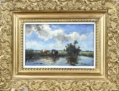 Anton Karssen, Landschap met koeien aan drenkplaats, Olieverf op paneel