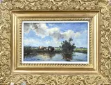 Anton Karssen, Landschap met koeien aan drenkplaats, Olieverf op paneel