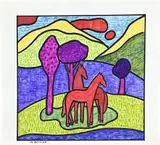 Klaas Bernink, Paarden in landschap, Viltstift op papier