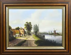 J. v.d. Steen, Romantisch Hollands riviergezicht, Olieverf op linnen