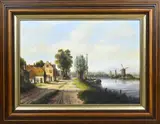 J. v.d. Steen, Romantisch Hollands riviergezicht, Olieverf op linnen