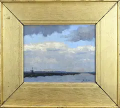 Maurits v & d Valk, Plasgezicht met windmolen, Olieverf op linnen
