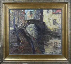 Stadsgracht met brug by Henk van Leeuwen, Olieverf op linnen, sold Apr 2025