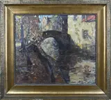 Henk van Leeuwen, Stadsgracht met brug, Olieverf op linnen