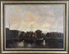 Rob de Haan, Hollands havengezicht, Olieverf op linnen