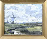 Piet Egmond, Landschap met beek en windmolen, Olieverf op linnen