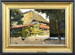 J.H. Weijns, Boerenschuur met kippen, Olieverf op paneel