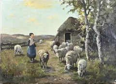 A. van Gilst, Herderin met schapen, Olieverf op linnen