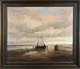 Rob de Haan, Bomschuiten op strand met vissersvolk, Olieverf op linnen