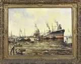 Wim Bos, Schepen in Rotterdamse haven, Olieverf op linnen