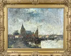 C. Mertens, Riviergezicht met kerk en zeilboot, Olieverf op paneel