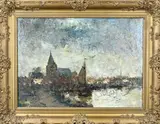 C. Mertens, Riviergezicht met kerk en zeilboot, Olieverf op paneel