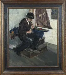 Oude man maakt zeilschip by Duitse School, 1922, Olieverf op linnen, sold Apr 2025
