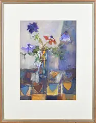 Sue Atkinson, Vaas met bloemen, Aquarel op papier