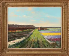 J.J. van Leeuwen, Hollands bloembollenveld, Olieverf op paneel