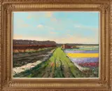J.J. van Leeuwen, Hollands bloembollenveld, Olieverf op paneel
