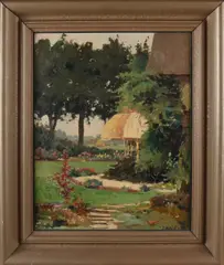 Evert-Jan Ligtelijn, Tuin met serre, Olieverf op paneel