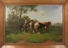 Adrianus Marinus Geyp, Boerenstel bij koeien, Olieverf op linnen