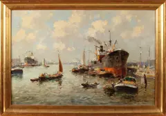 J. van Delden, Rotterdams' havengezicht, Olieverf op linnen