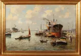 J. van Delden, Rotterdams' havengezicht, Olieverf op linnen