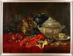 Eduard Huber, Stilleven met kreeft, fruit etc., Olieverf op linnen