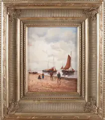 P. Renard, Bomschuiten en vissersvolk op strand, Olieverf op paneel