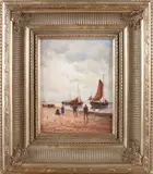 P. Renard, Bomschuiten en vissersvolk op strand