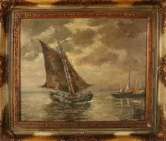 Zeilboot met figuren by Franz von Betteray, Olieverf op linnen, sold Jul 2018