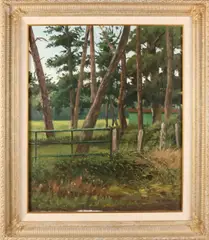Bomenpartij met hek by Gé Nijhuis, Olieverf op linnen, sold Jul 2018
