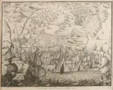 Antieke gravure, Zeeslag, Antieke gravure