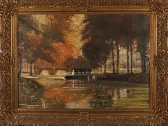 J. Blekeman, Bosgezicht met watermolen, Olieverf op linnen