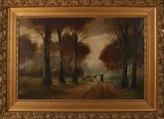 A. v.d. Meen, Bospad met herderin en koeien, Olieverf op linnen