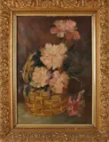 gesigneerd B. van Vliet, Gevlochten mand met bloemen, Olieverf op linnen