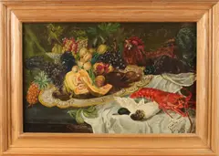 E. Muller, Stilleven met fruit en kreeft, Olieverf op linnen