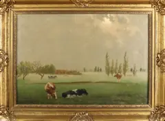 J. v.d. Kolk, Koeien in ochtendnevel, Olieverf op linnen
