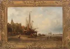 Nicolaas Martinus Wijdoogen, Bomschuit op strand met vissersvolk, Mooi exemplaar in prachtige lijst ! Olieverf op linnen
