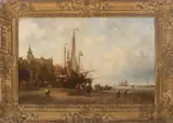 Nicolaas Martinus Wijdoogen, Bomschuit op strand met vissersvolk, Mooi exemplaar in prachtige lijst ! Olieverf op linnen