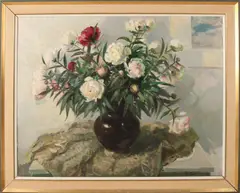 Daniel Muehlhaus, Vaas met rozen, Olieverf op linnen