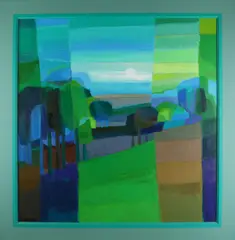 Ton Schulten, Coulissen landschap/Groene weide., Acryl op linnen