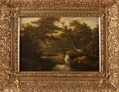 Herder met vee bij drenkplaats by Gesigneerd G.J. van Os, Olieverf op paneel, sold Apr 2018