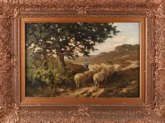 Landschap met herder en schapen by Martinus Josephus Nefkens, Olieverf op paneel, sold Apr 2018