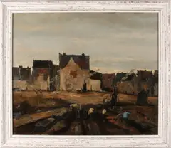 Cor Noltee, Bouwput met paarden/figuren (Den Haag?), Olieverf op linnen