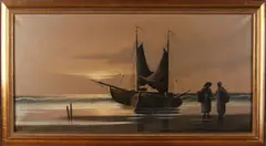 Strandgezicht met boten en figuren by Gé Nijhuis, Olieverf op linnen, sold Apr 2018