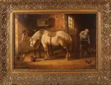 C. van Diggelen, Paarden in hoefsmederij, Olieverf op paneel