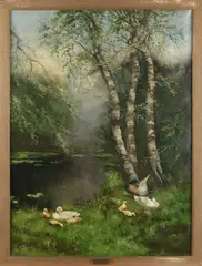 Gesigneerd Constant Artz, Eendenfamilie aan waterkant bij berkenboom., Olieverf op linnen