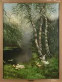 Gesigneerd Constant Artz, Eendenfamilie aan waterkant bij berkenboom., Olieverf op linnen