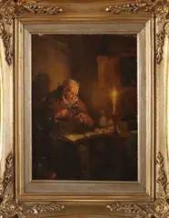 E. Walter, Interieur met man bij kaarslicht, Olieverf op paneel